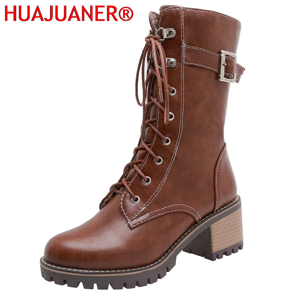 Office High Tech - HUAJUANER 2026 ビッグサイズ 45 秋冬靴高品質レザーブーツ女性ファッション滑り止め靴ひもオートバイブーツ